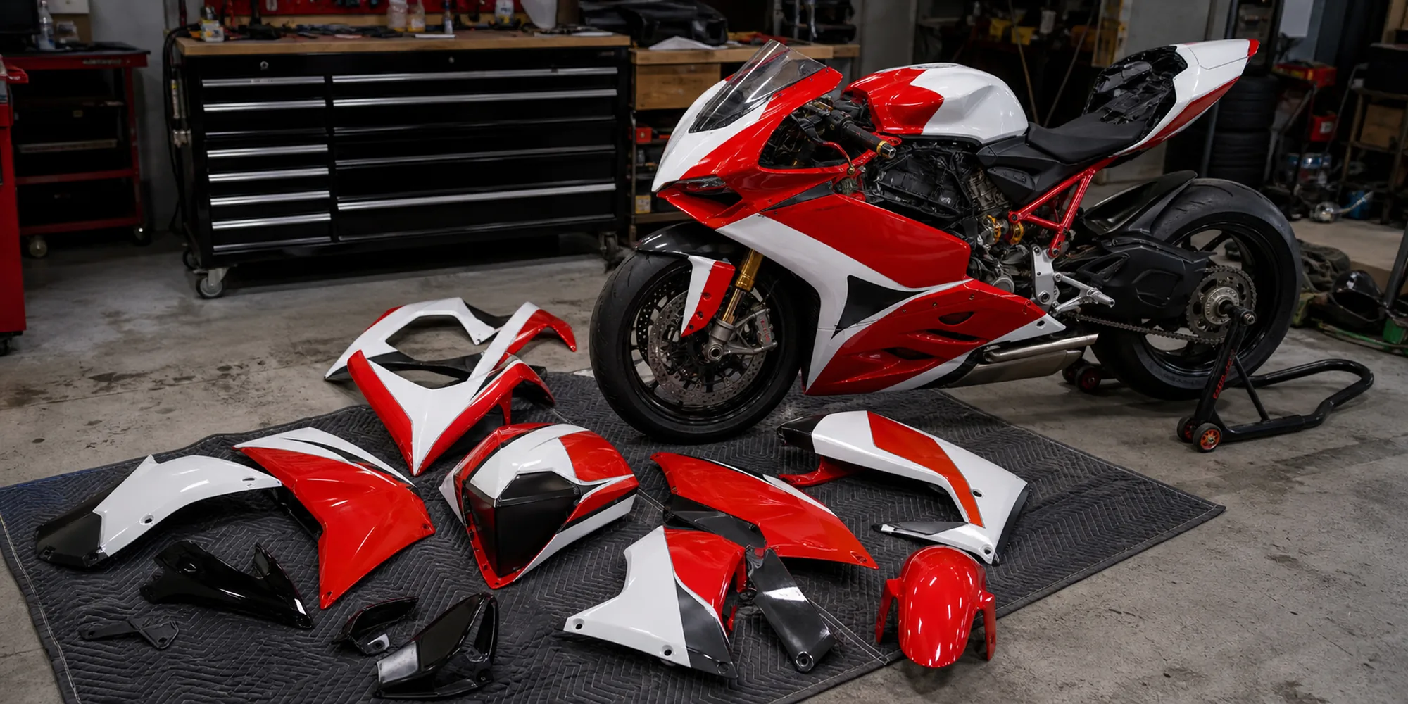 Red white and black custom sportbike fairing kit laid out in a race garage