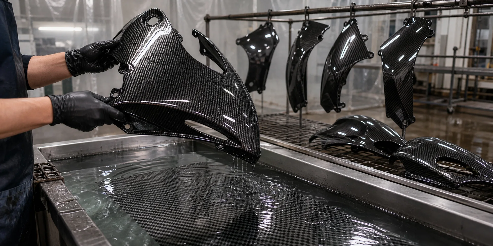 Carbon-look motorcycle fairing panel lifted from a hydrographics dipping tank