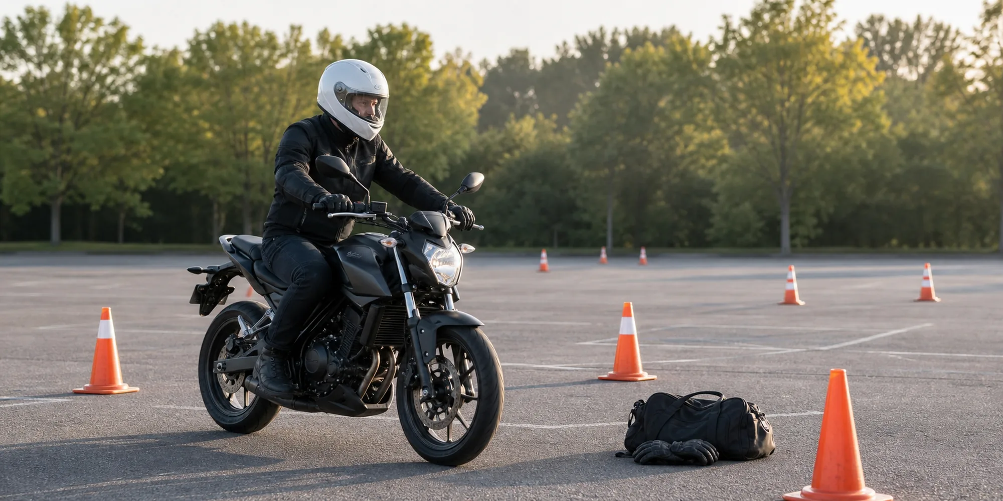 Beginner motorcycle rider practicing slow speed control in an empty parking lot