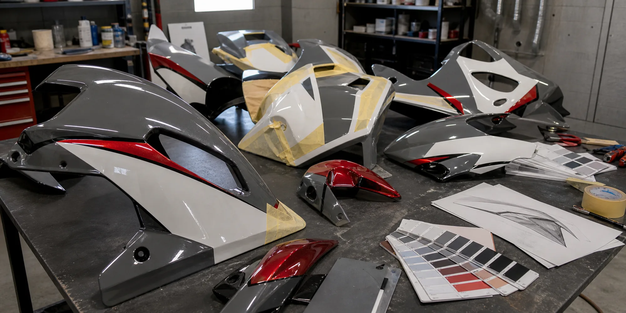 Custom Painted Motorcycle Fairings Featured 2000X1000 1 - Gomototrip Custom painted motorcycle fairing panels with color swatches in a paint workshop