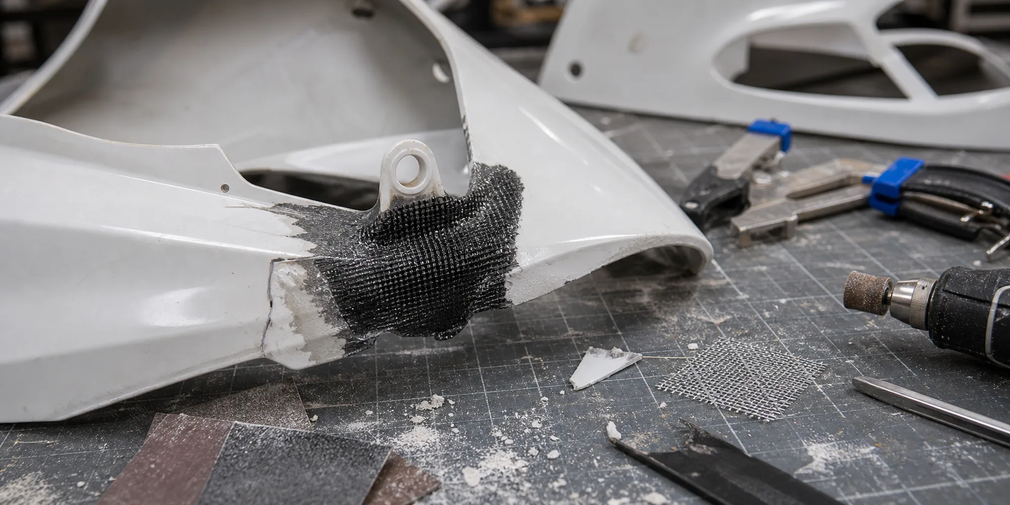 ABS motorcycle fairing crack and mounting tab repair on a real workbench