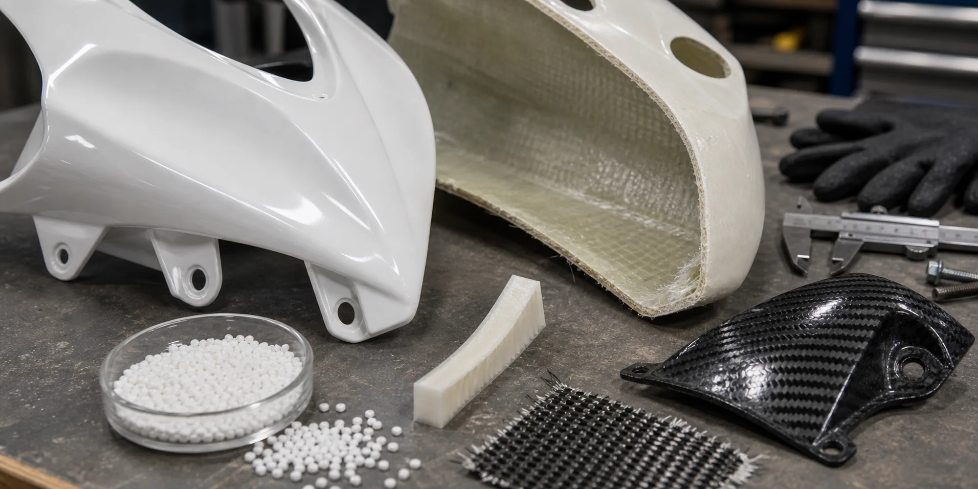 Motorcycle Fairing Materials Abs Fiberglass Carbon ABS plastic fiberglass and carbon fiber motorcycle fairing material samples on a workbench