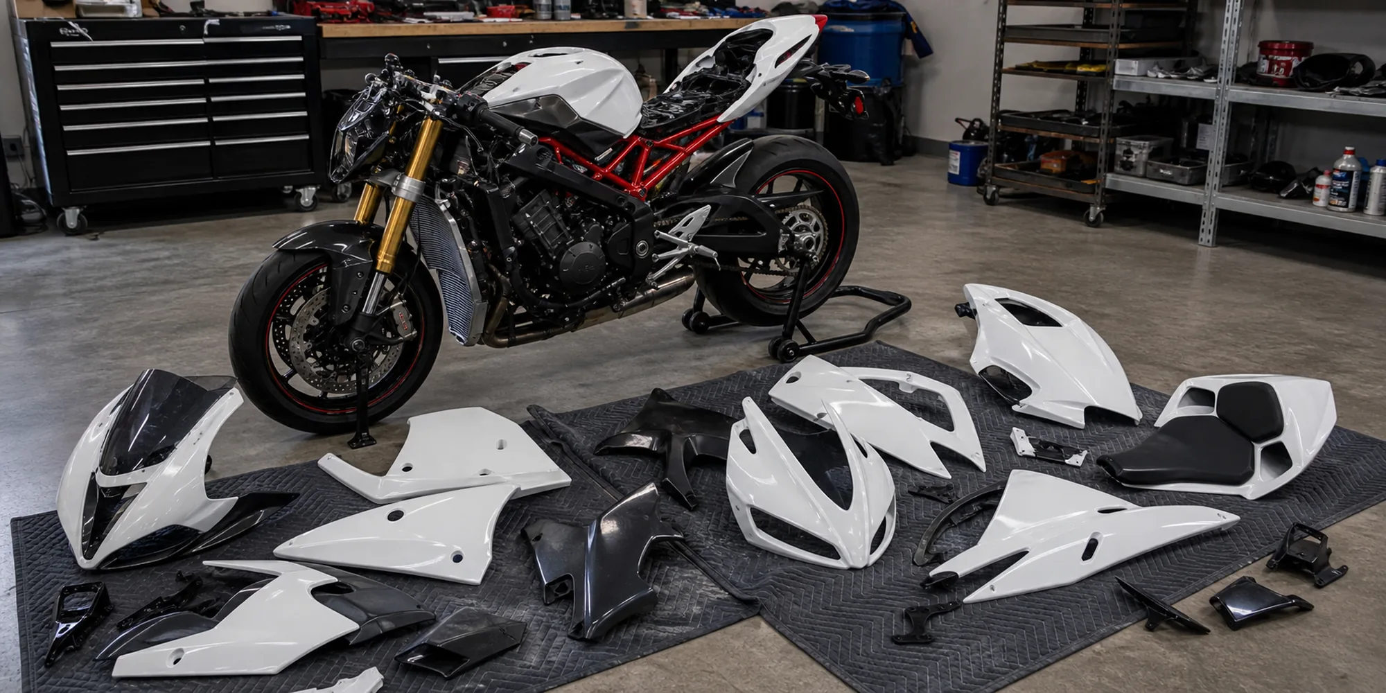 Motorcycle Fairing Parts Explained Motorcycle fairing panels removed and arranged beside a sportbike in a workshop