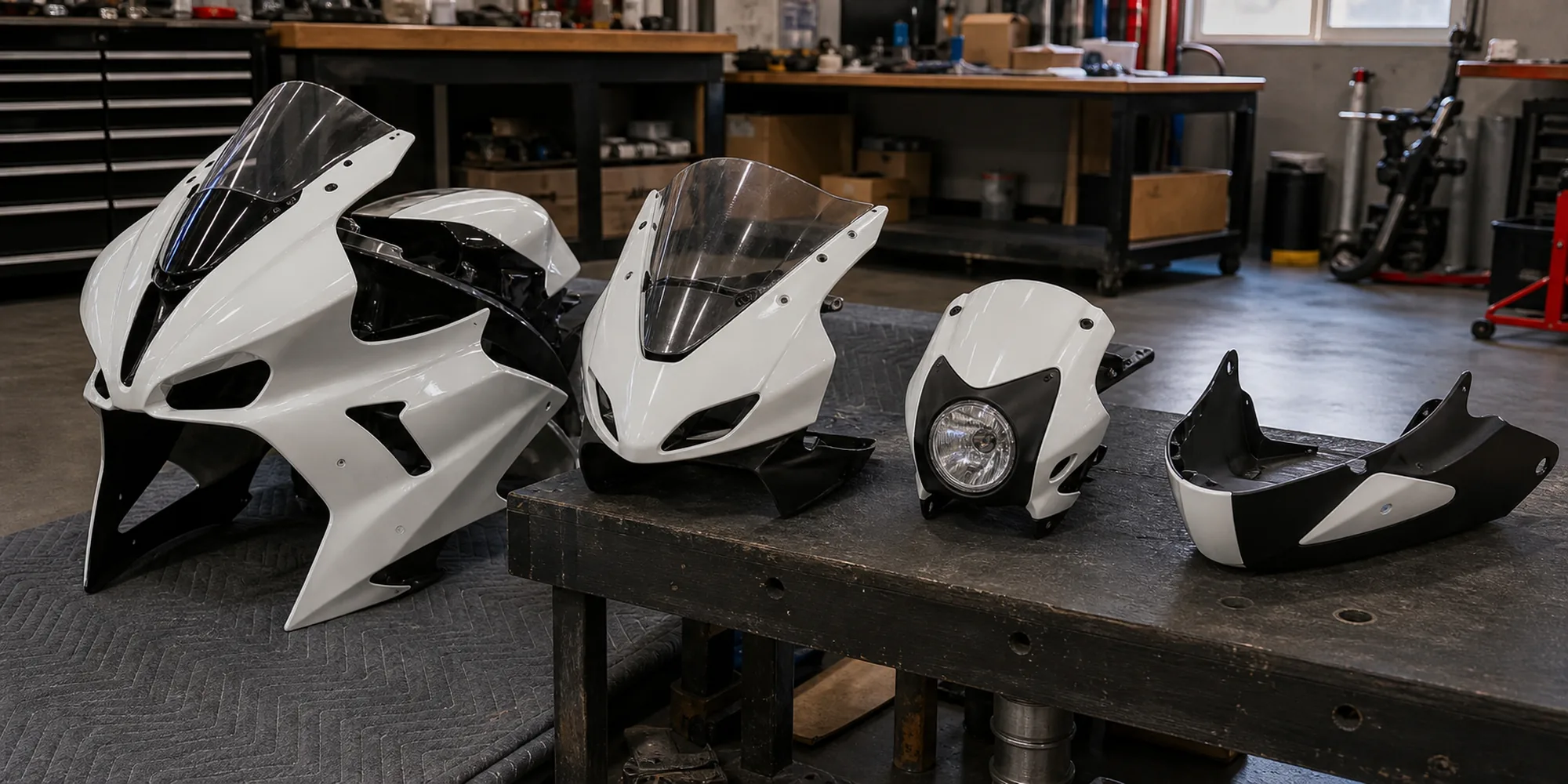 Motorcycle Fairing Types Different motorcycle fairing coverage types arranged on a workshop floor