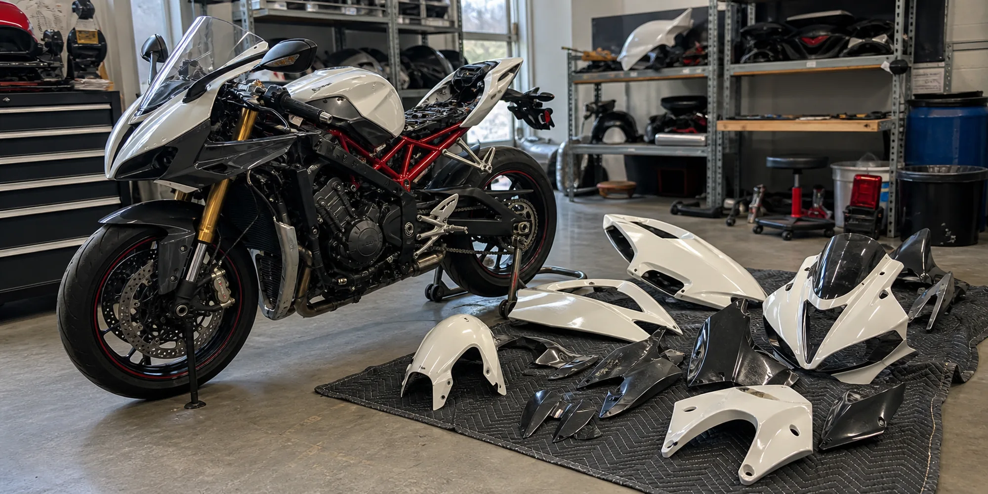 What Are Motorcycle Fairings Featured 2000X1000 1 - Gomototrip Motorcycle fairing panels arranged beside a sportbike in a real workshop
