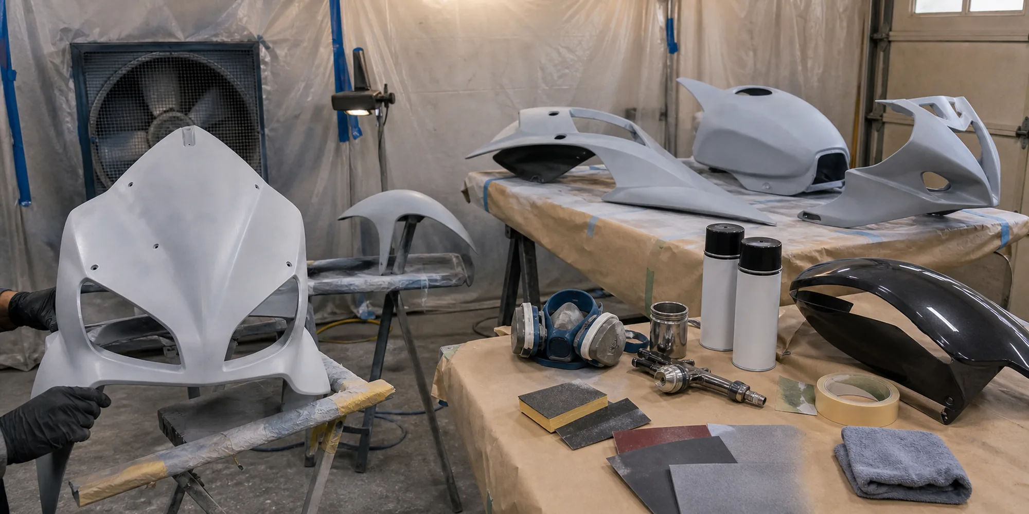 How To Paint Motorcycle Fairings Featured 2000X1000 1 - Gomototrip Motorcycle fairing panels in primer on stands during paint preparation